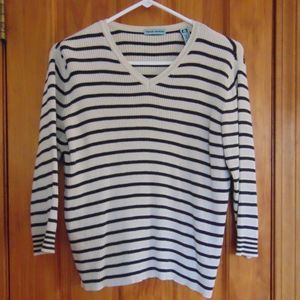 Marsh Landing PL V-Neck Sweater 100% Cotton Cream w/Black Stripes 3/4 Sleeve